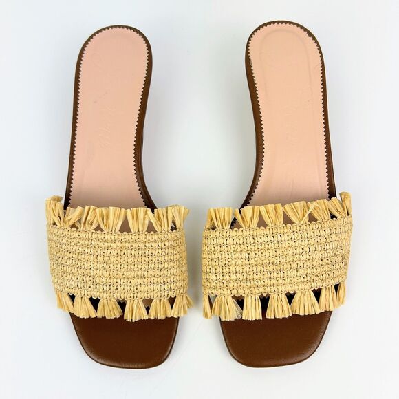 J.Crew Lina Kitten Heels Sandals Woven Raffia Fringe Natural Straw & Leather 9.5 - Picture 3 of 11